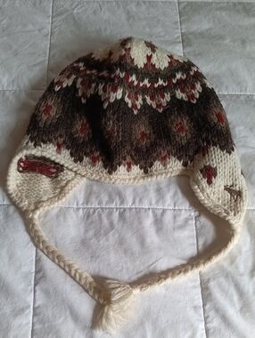 Abercrombie & Fitch Cream, Brown & Red Knit Earflap Hat Y2K Purchade With Logo